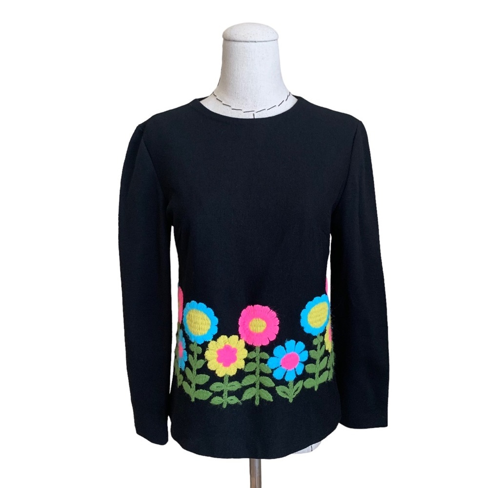 Vintage 60s Floral Top Blouse Neon Mod Yarn Flowers Crewel Small
